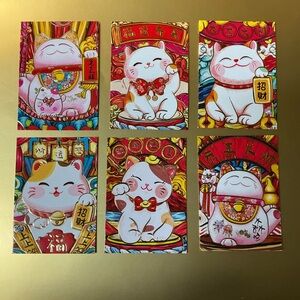 Colorful Lucky Cat Cards Red Envelopes of 6 count